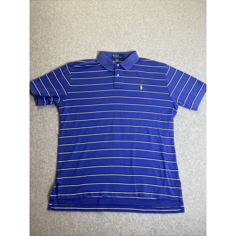 Polo Ralph Lauren Men's Large L Blue White Striped Polo Shirt Yellow Pony SS